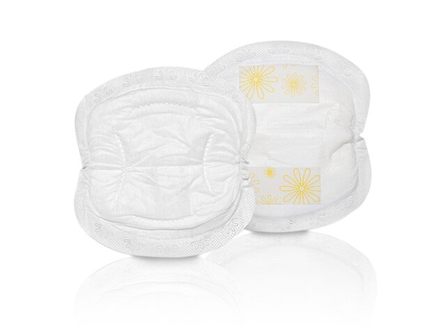 Vista anteriore e posteriore degli assorbenti monouso per allattamento Medela Safe & Dry™.